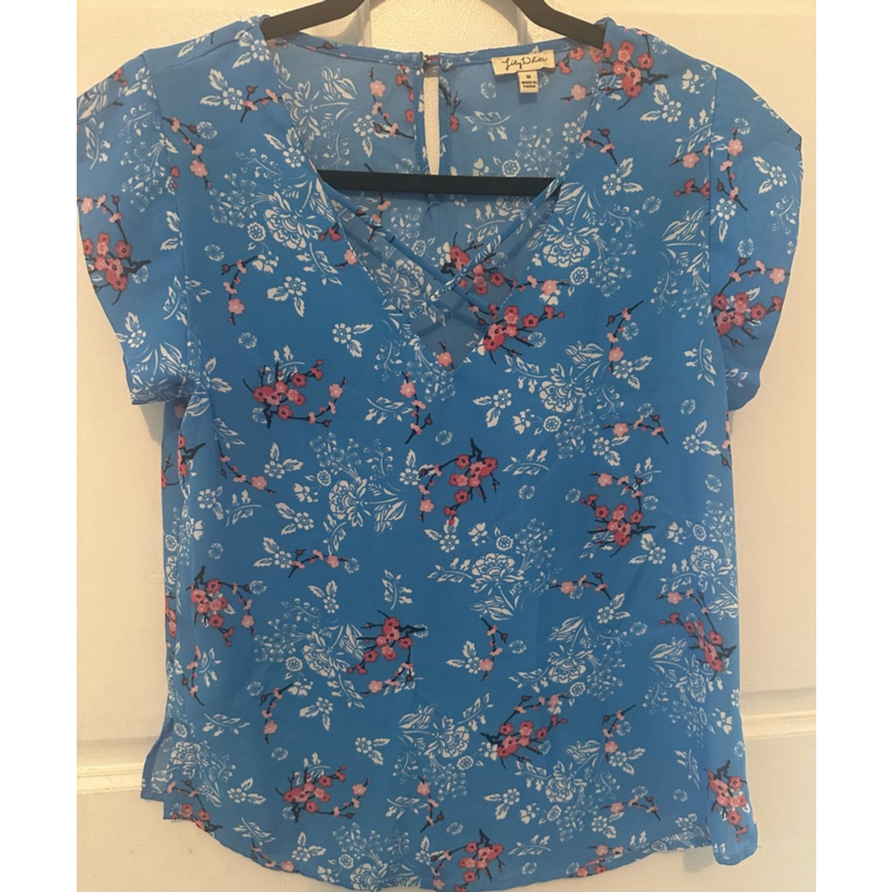Lily White Floral Blouse size M Top Blue